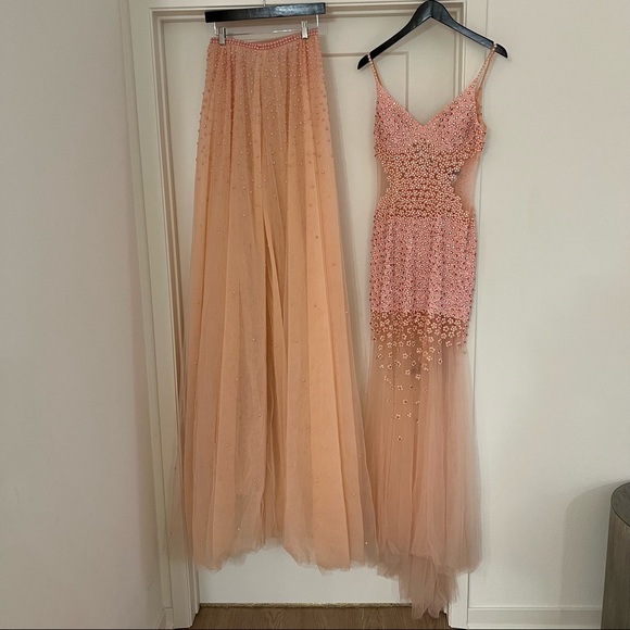 Pink Beaded Tulle Evening Gown w/ Overlay Skirt - Picture 8 of 12